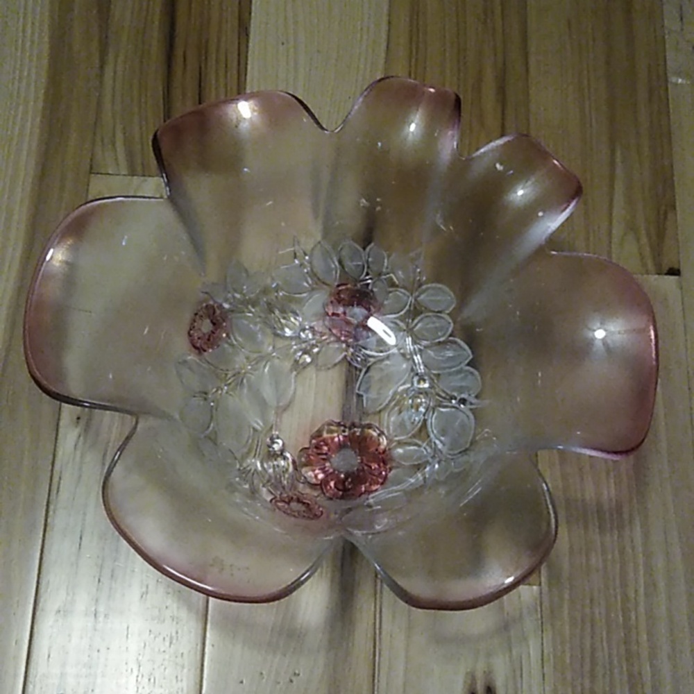 Vintage Mikasa Crystal  Rosella Pink Frosted Flowers/Raised Flowers Serving Bowl